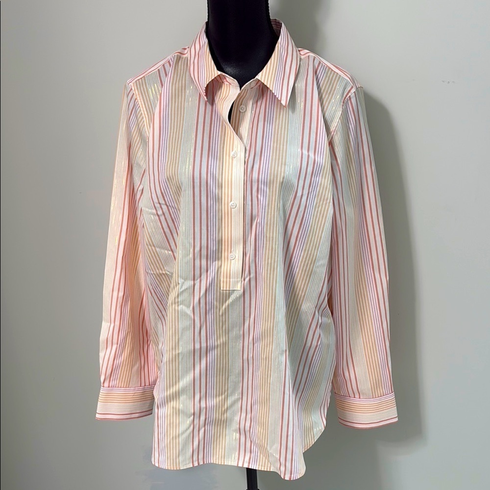 Talbots Non Iron Women’s Striped Metallic Button-Up Tunic Shirt Size XL